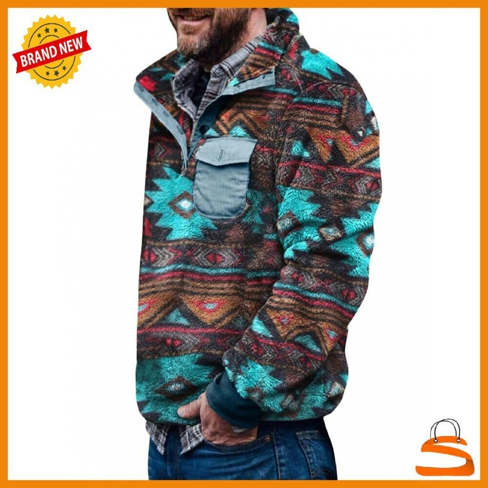 Men's Aztec Sherpa Fleece Jacket with Pockets, Lightweight Winter Pullover